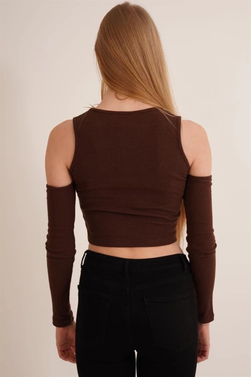 Kahve Omuz Dekoltekli Uzun Kol Pamuklu Kaşkorse Bluz CO-2523254280