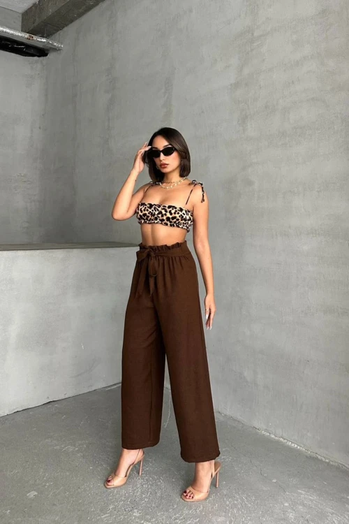 Kahverengi Beli Kuşaklı Keten Dokuma Pantolon BCHN-2525329