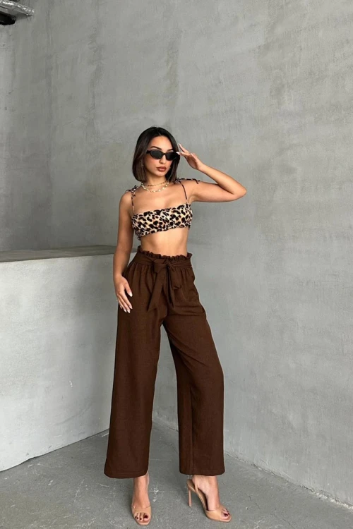Kahverengi Beli Kuşaklı Keten Dokuma Pantolon BCHN-2525329