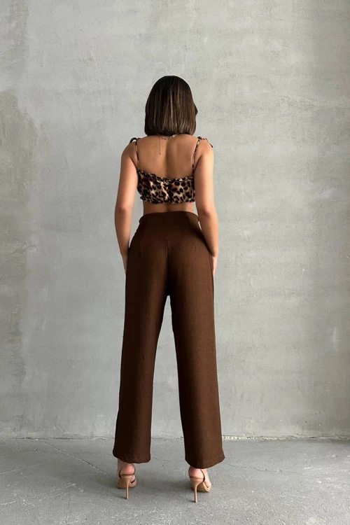 Kahverengi Beli Kuşaklı Keten Dokuma Pantolon BCHN-2525329
