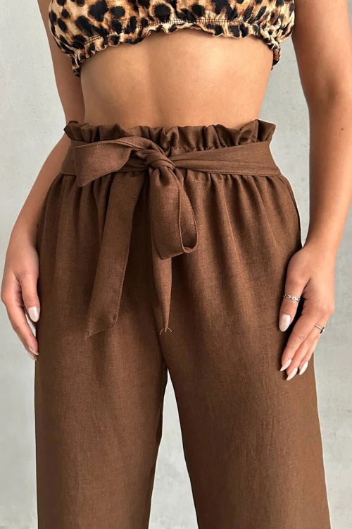 Kahverengi Beli Kuşaklı Keten Dokuma Pantolon BCHN-2525329