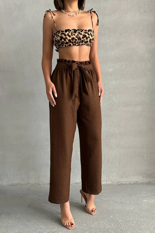Kahverengi Beli Kuşaklı Keten Dokuma Pantolon BCHN-2525329
