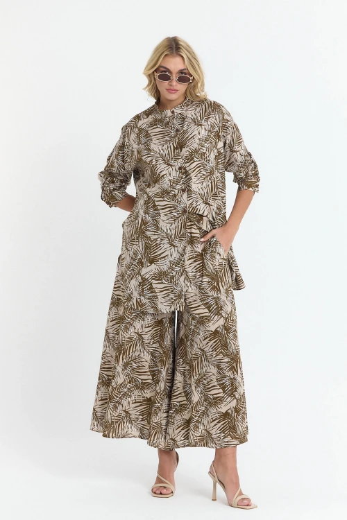 Kahverengi Çiçek Desenli Uzun Tunik Ve Pantolon Dokuma Viscon Alt Üst Takım BCVL-25V053-2