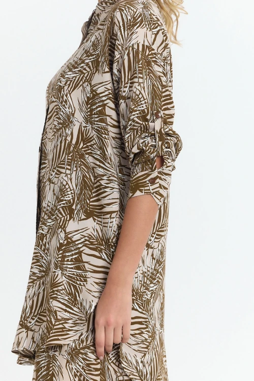 Kahverengi Çiçek Desenli Uzun Tunik Ve Pantolon Dokuma Viscon Alt Üst Takım BCVL-25V053-2