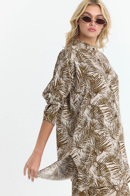 Kahverengi Çiçek Desenli Uzun Tunik Ve Pantolon Dokuma Viscon Alt Üst Takım BCVL-25V053-2