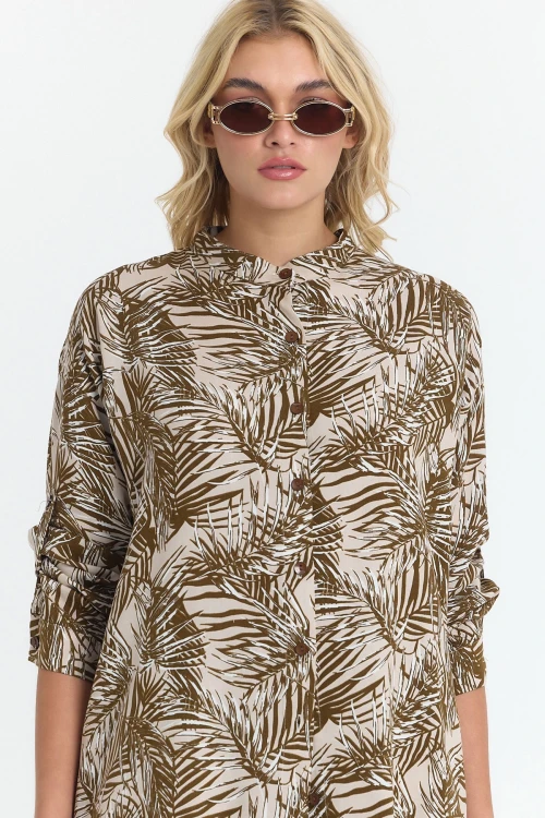 Kahverengi Çiçek Desenli Uzun Tunik Ve Pantolon Dokuma Viscon Alt Üst Takım BCVL-25V053-2