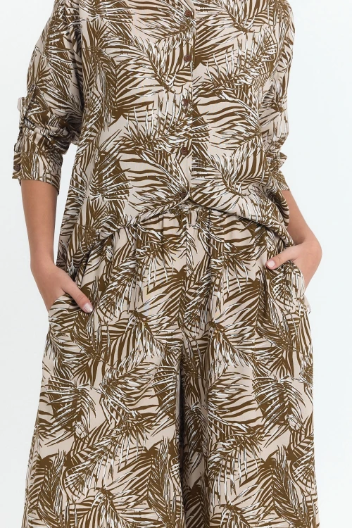 Kahverengi Çiçek Desenli Uzun Tunik Ve Pantolon Dokuma Viscon Alt Üst Takım BCVL-25V053-2