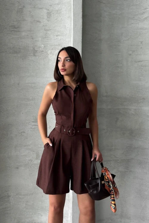 Kahverengi Kemerli Çift Cepli Yakalı Dokuma Tulum BCHN-255010