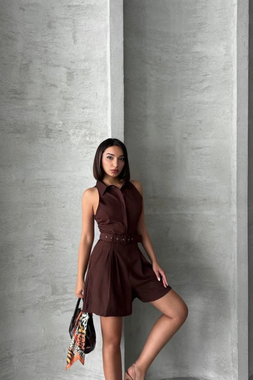 Kahverengi Kemerli Çift Cepli Yakalı Dokuma Tulum BCHN-255010