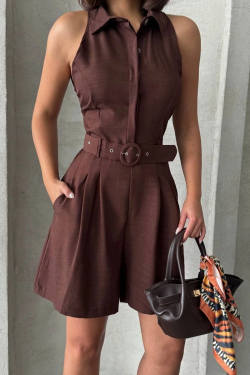 Kahverengi Kemerli Çift Cepli Yakalı Dokuma Tulum BCHN-255010