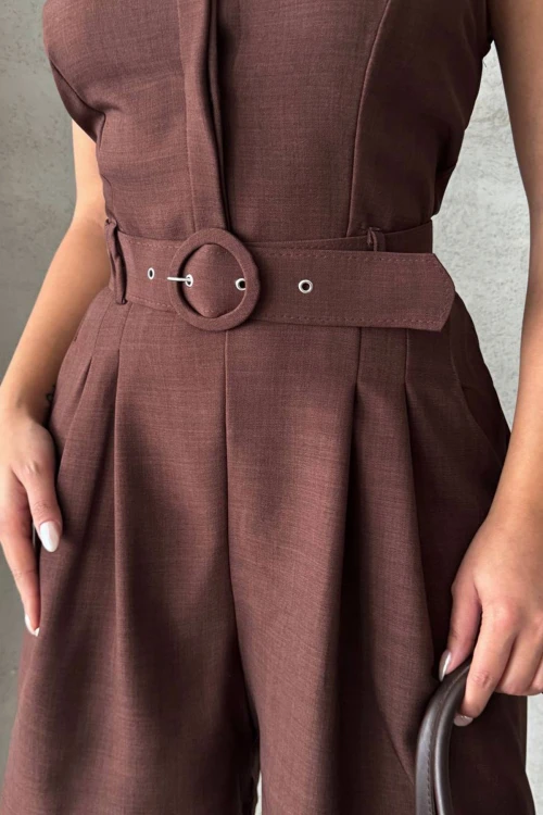 Kahverengi Kemerli Çift Cepli Yakalı Dokuma Tulum BCHN-255010