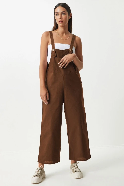 Kahverengi Önü Cepli Askılı Yazlık Gabardin Bahçıvan Tulum