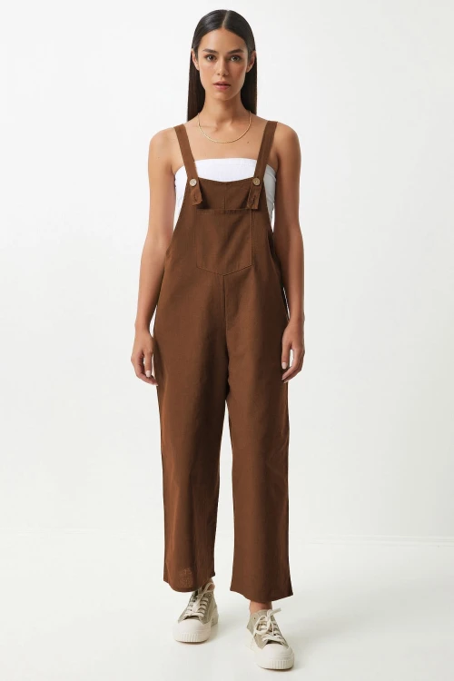 Kahverengi Önü Cepli Askılı Yazlık Gabardin Bahçıvan Tulum