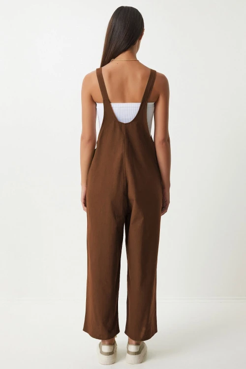 Kahverengi Önü Cepli Askılı Yazlık Gabardin Bahçıvan Tulum