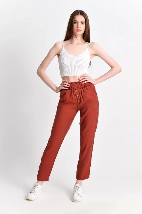 Kiremit Düğmeli Cepli Dokuma Pantolon CO-259283059