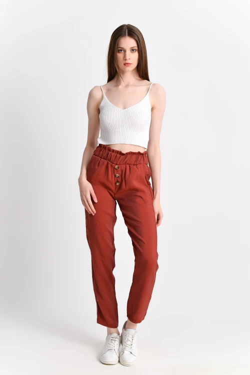 Kiremit Düğmeli Cepli Dokuma Pantolon CO-259283059