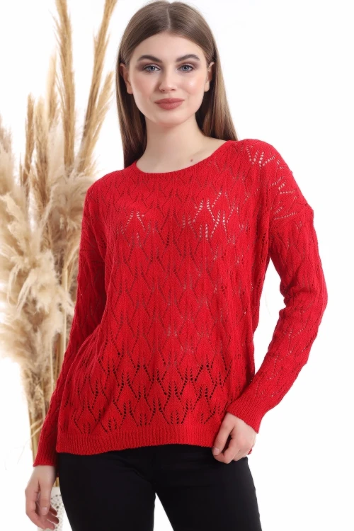 Kırmızı Bisiklet Yaka Ajurlu Triko Bluz CO-2520516177