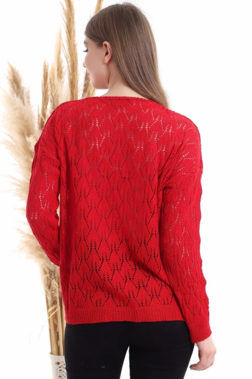 Kırmızı Bisiklet Yaka Ajurlu Triko Bluz CO-2520516177