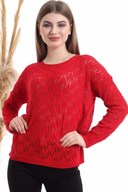 Kırmızı Bisiklet Yaka Ajurlu Triko Bluz CO-2520516177