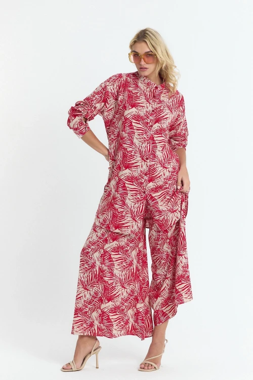 Kırmızı Çiçek Desenli Uzun Tunik Ve Pantolon Dokuma Viscon Alt Üst Takım BCVL-25V053-2