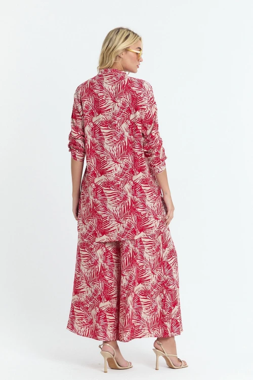 Kırmızı Çiçek Desenli Uzun Tunik Ve Pantolon Dokuma Viscon Alt Üst Takım BCVL-25V053-2