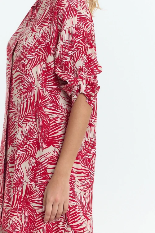 Kırmızı Çiçek Desenli Uzun Tunik Ve Pantolon Dokuma Viscon Alt Üst Takım BCVL-25V053-2