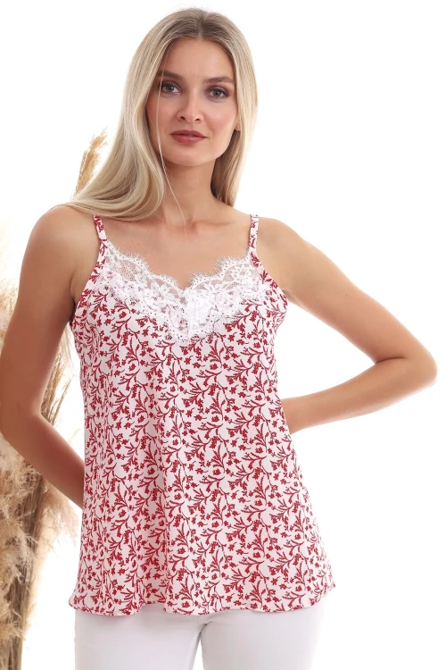 Kırmızı Çiçek Desenli Yaka Dantelli Kolsuz Desenli Crep Bluz CO-2520333454