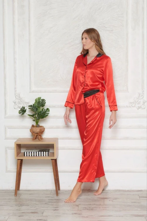 Kırmızı Saten Ara Biyeli 2Li Pijama Takımı BCAN-251201AS