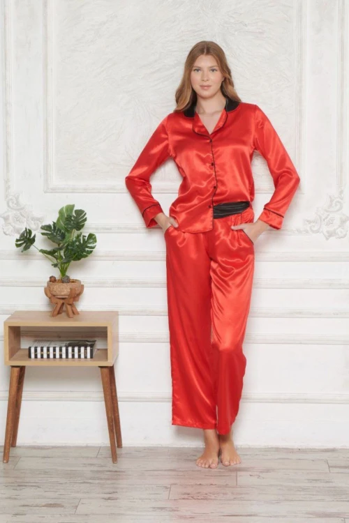 Kırmızı Saten Ara Biyeli 2Li Pijama Takımı BCAN-251201AS