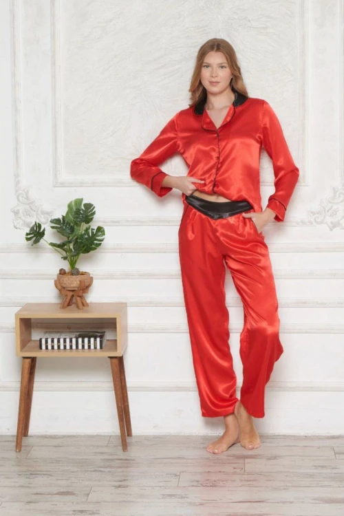 Kırmızı Saten Ara Biyeli 2Li Pijama Takımı BCAN-251201AS
