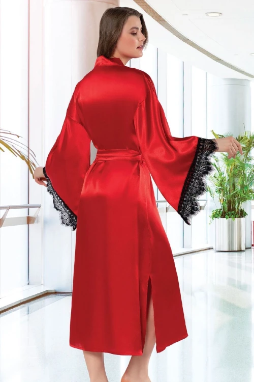 Kırmızı Saten Dantel Detaylı Kimono Uzun Sabahlık BCAN-255901FA