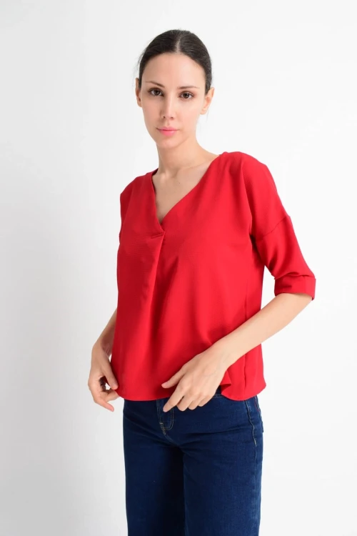 Kırmızı V Yaka Duble Kol Bluz CO-259182879