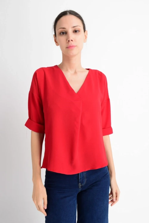 Kırmızı V Yaka Duble Kol Bluz CO-259182879