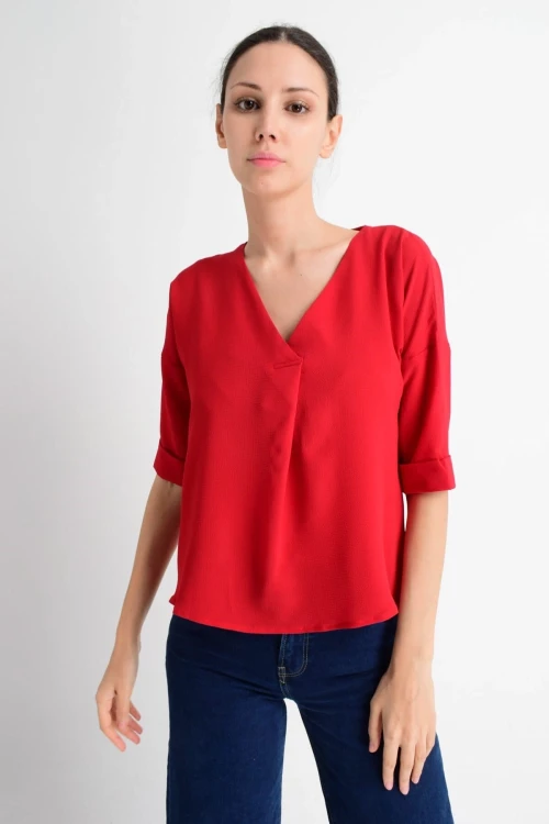 Kırmızı V Yaka Duble Kol Bluz CO-259182879