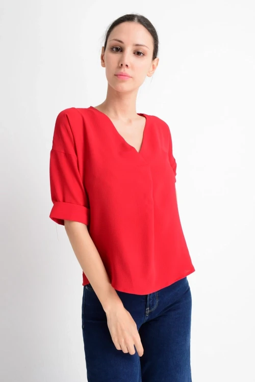 Kırmızı V Yaka Duble Kol Bluz CO-259182879