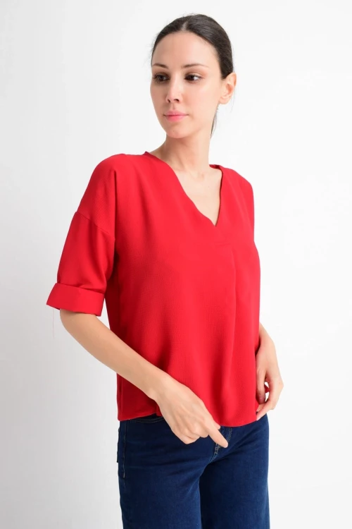 Kırmızı V Yaka Duble Kol Bluz CO-259182879