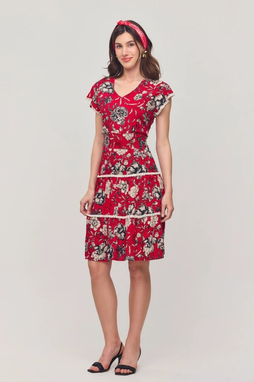 Kırmızı V Yaka Nervürlü Çiçek Desenli Yazlık Viscon Elbise BCVL-25V054