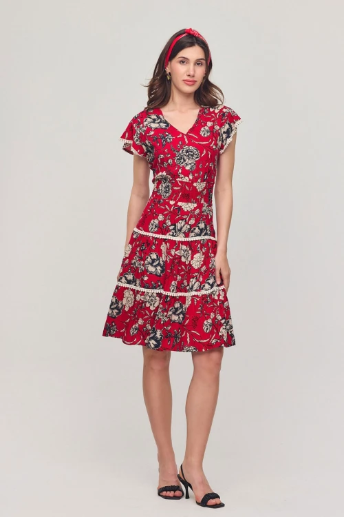 Kırmızı V Yaka Nervürlü Çiçek Desenli Yazlık Viscon Elbise BCVL-25V054