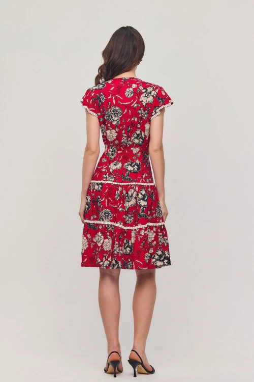 Kırmızı V Yaka Nervürlü Çiçek Desenli Yazlık Viscon Elbise BCVL-25V054