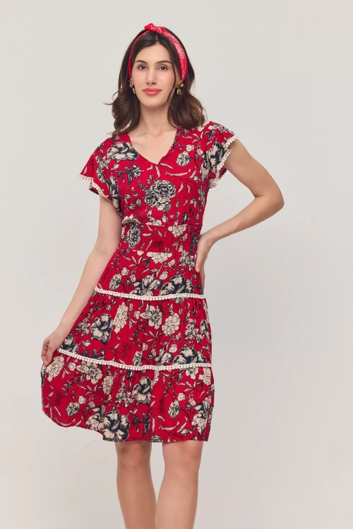 Kırmızı V Yaka Nervürlü Çiçek Desenli Yazlık Viscon Elbise BCVL-25V054