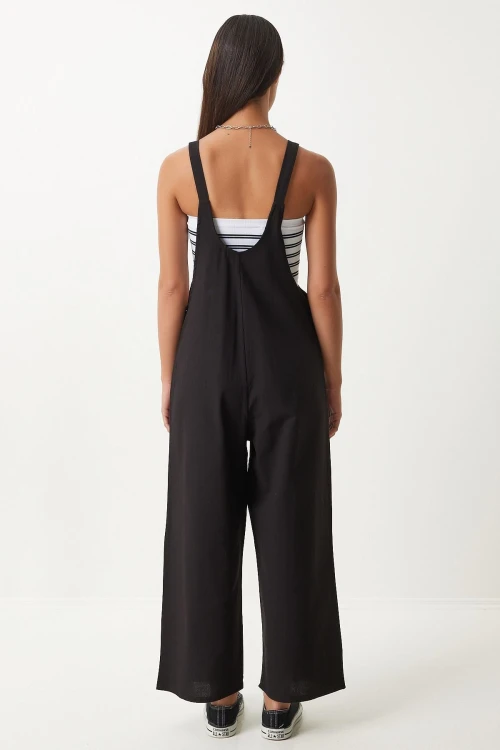 Koyu Siyah Önü Cepli Askılı Yazlık Gabardin Bahçıvan Tulum