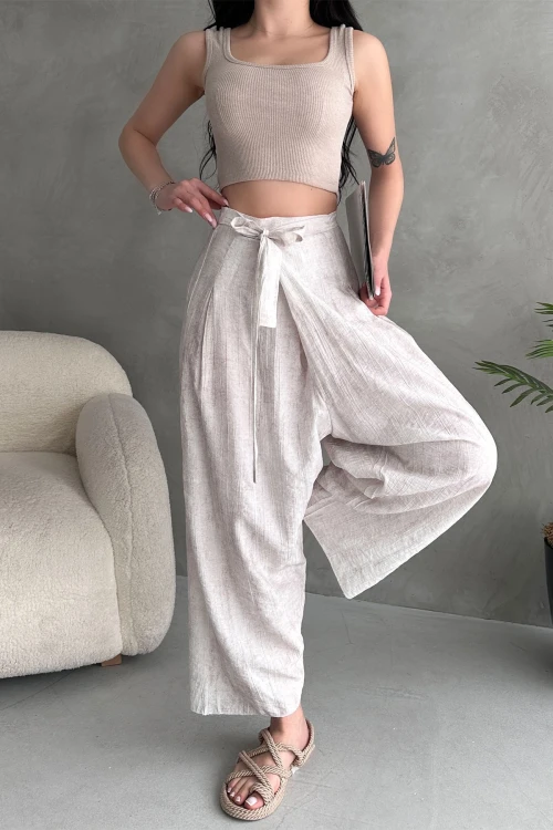 Krem Bağlamalı Anvelop Kesim Salaş Keten Dokuma Pantolon BCDF-251108