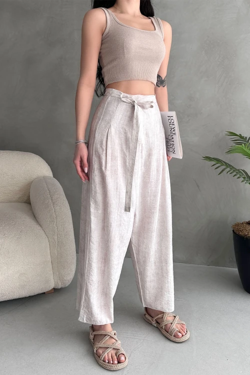 Krem Bağlamalı Anvelop Kesim Salaş Keten Dokuma Pantolon BCDF-251108