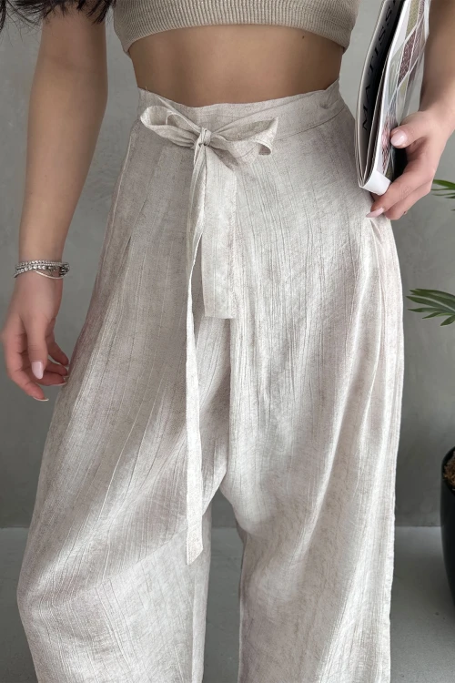 Krem Bağlamalı Anvelop Kesim Salaş Keten Dokuma Pantolon BCDF-251108