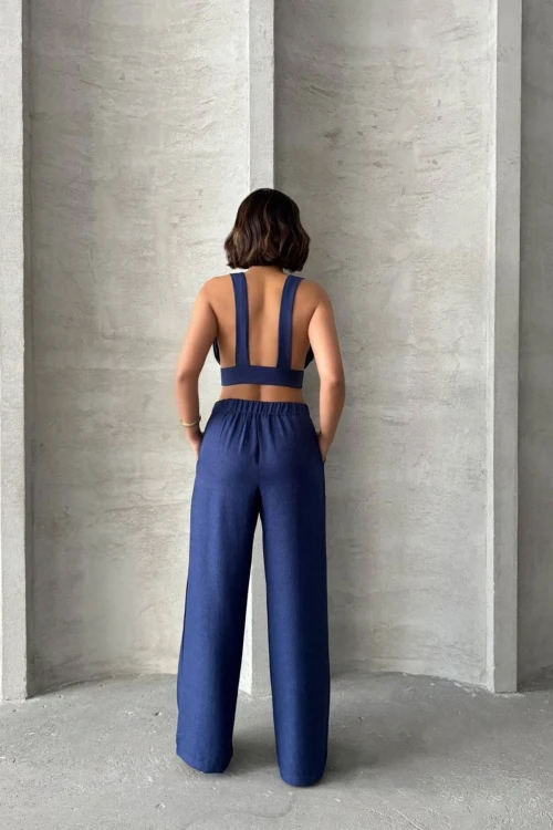 Lacivert Dekolteli Crop Bluz Ve Pantolonlu Keten Dokuma Alt Üst Takım BCHN-25255012