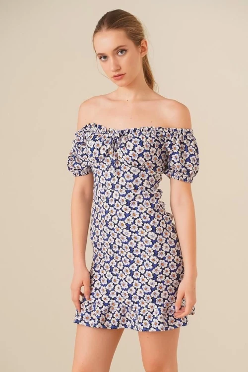 Lacivert Düşük Omuz Lastikli Kısa Kol Elbise CO-2523124260