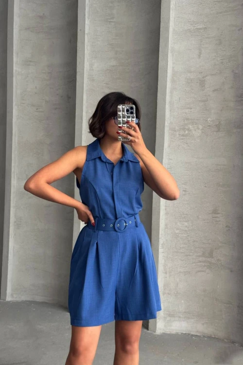 Lacivert Kemerli Çift Cepli Yakalı Dokuma Tulum BCHN-255010