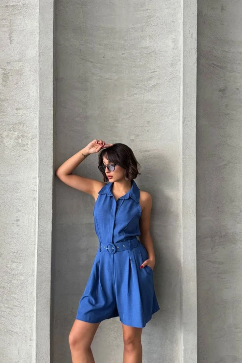 Lacivert Kemerli Çift Cepli Yakalı Dokuma Tulum BCHN-255010