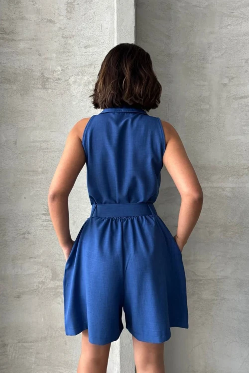 Lacivert Kemerli Çift Cepli Yakalı Dokuma Tulum BCHN-255010