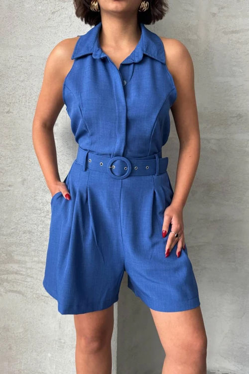 Lacivert Kemerli Çift Cepli Yakalı Dokuma Tulum BCHN-255010